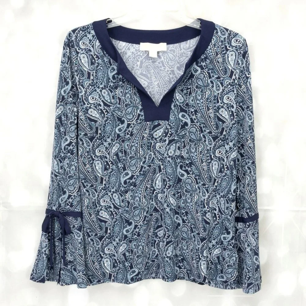 Michael Kors Paisley V-Neck Pull Over Long Sleeve Blouse Top W/Sleeve Ties - Picture 2 of 7